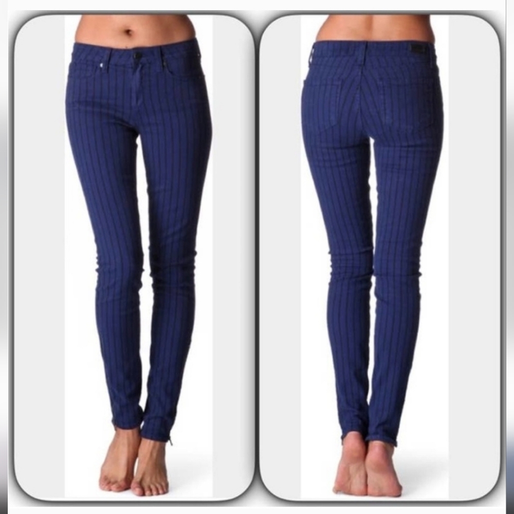 Paige Hoxton Ultra Skinny Jeans, Blue and Black Pinstriped, Zip Ankles, Size 27
